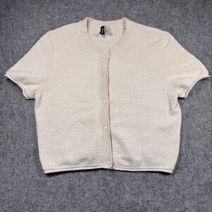 H&M Divided Women Short Sleeve Cardigan Sweater Beige Oatmeal Knit L 12388520